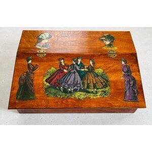 Vintage Wooden Hinged Lidded Box with Victorian Women Dancing Decoupage